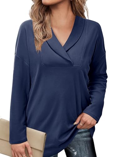 Image of Women's Long Sleeve Tops Fall Shawl Neck Tunic Tops for Leggings Casual Blouse Sweatshirt