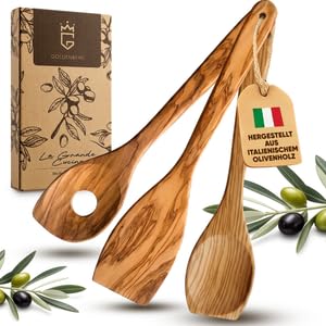 GOLDENBERG® Premium Pfannenwender - Made in Europe - feinstes Olivenholz aus Italien - robust, langlebig & antibakteriell - Holzschaber - Pfannenwender Holz (Natur, Kochlöffel Set)
