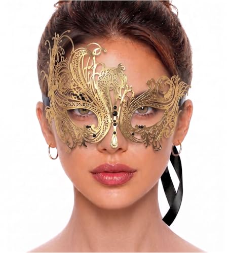 Image of Metal Filigree Masquerade Mask for Women - Swan Style Mask with Rhinestones for Mardi Gras, Prom, Halloween & Venetian Party