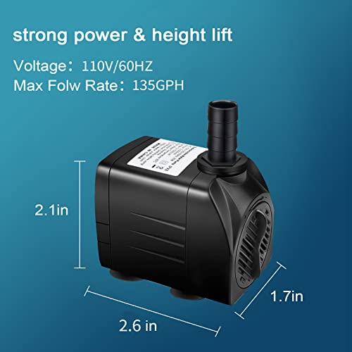 135 Gph Submersible Pump 500L/H 8W,Ultra Quiet Water Pump With 3.3Ft High Lift,Aquarium Fountain Pump With 5Ft Power Cord 2 Nozzles For Fish Tank Aquarium Statuary Hydroponics Pond Garden Waterfall #TOP1