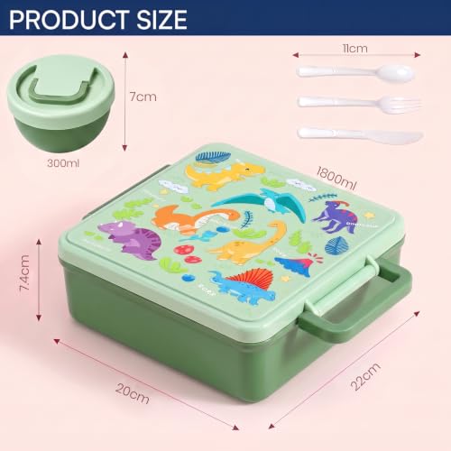 Image of House of Quirk 'NomNom' Dinosaur Print Bento Lunch Box, 1800ml with 300ml Removable Bowl, Microwave Safe Lunch Box with Spoon, Fork & Knife for Kids, School, Office, Picnic & Travel (Green)