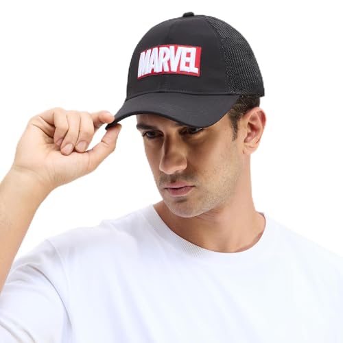 Image of Marvel Box Logo Men's Trucker Cap | Black | 6-Panel Structured Fit with Curved Visor | Breathable Mesh Back | Iconic Marvel Logo | Sun-Protective Style for Everyday Wear