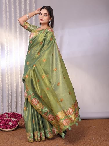 Image of SWORNOF Gold-Toned Woven Design Silk Zari Tissue Saree | Saree for Women | Soft and Skin Friendly