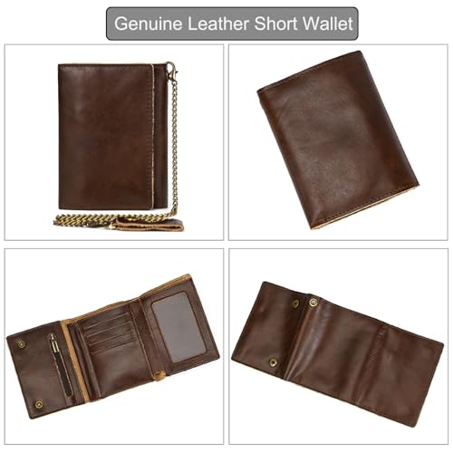Men's Genuine Leather Short Wallet Trifold Anti-Theft Chain Purse with ID Window Zipper Pocket for Coin Cash Card, Coffee3