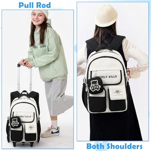 Image of PALAY Trolley School Bag Black White Polyester School Bag with Wheels Large Capacity Children's Trolley Backpack with Mini Pouch Waterproof Multi-Compartments Rolling Backpack for Elementary, Middle