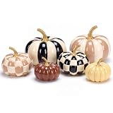Pinkunn 6 Pcs Halloween Black and White Pumpkins Fall Decor White and Brown Yellow Checkered Striped Resin Pumpkin Decoration for Thanksgiving Autumn Farmhouse Porch Decorations Table Centerpieces