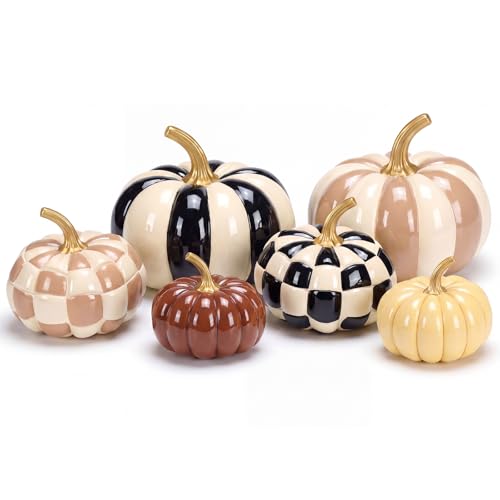 Pinkunn 6 Pcs Fall Halloween Black and White Pumpkins Decor White and Brown Yellow Checkered Striped Resin Pumpkin Decoration for Thanksgiving Autumn Farmhouse Porch Decorations Table Centerpieces