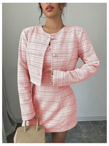 SOLY HUX Women's 2 Piece Outfits Plaid Long Sleeve Button Down Cropped Jacket and Sleeveless Mini Dress Sets4