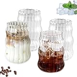 4 Stück Kaffee Latte Gläser Cappuccino Tassen Kaffeeglas Set 530ml Eiskaffee-Tassen Gerippt Iced Coffee Glas Retro-Trink Trinkglas Origami-Stil Gläser für Latte Tee Eis Milch Bier
