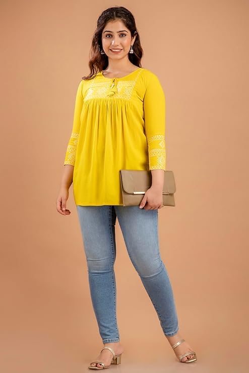 Image of Avayayat Short Kurti for Women | Embroidered Straight Rayon Kurta | Round Neck Full Sleeves Short Kurti for Women's