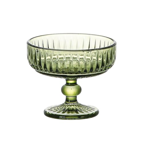 WAIT FLY Vintage Embossed Stripe Glass Dessert Bowl, Footed Trifle Bowl Ice Cream Bowl Serving Bowl-Green