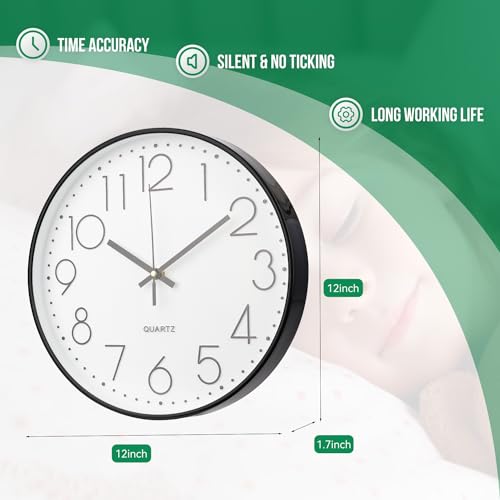 Image of Wall Clock 12 Inch Non-Ticking Silent Modern Simple Style Round Decor Clock Black Stereoscopic Dial Quartz Wall Clocks for Home /Office /School /Living Room /Bedroom /Kitchen