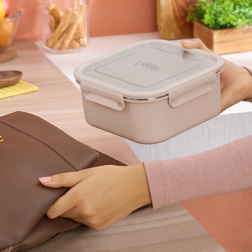 Image of Larah by BOROSIL Freshbyte Food Storage Container with Airtight Stainless Steel Lid | Fridge Container for Lunchbox | Food Grade | Microwave Safe (Beige, 1600 ml, Square)