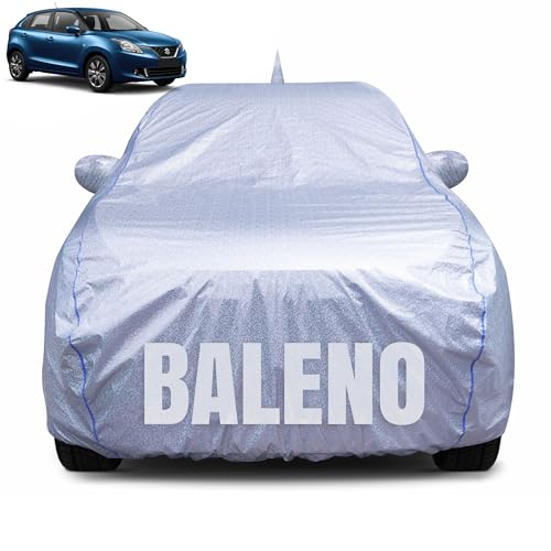 Image of 100% Waterproof Car Body Cover for Maruti Suzuki Baleno (2015-2021) with Mirror Pocket, Heat & UV Resistant, Triple Stitched, Soft Lining, Bottom Elastic & Piping (Silver Reflective)