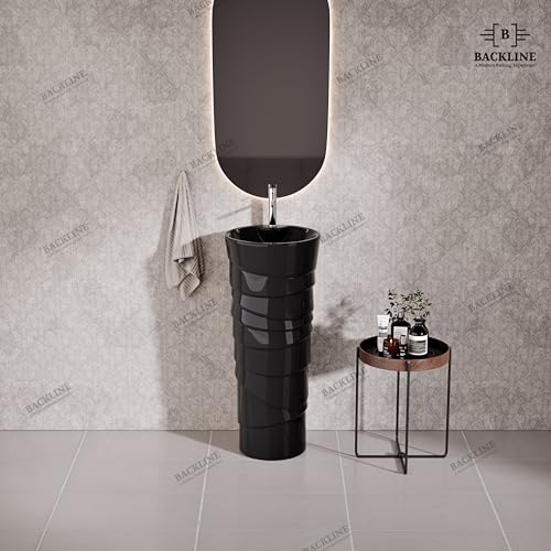 Image of Backline Ceramic Pedestal Wash Basin for Bathroom | Free Standing Pedestal Basin for Bathroom /Office /Living Room /Restaurant | Black Glossy Finish (38.5 X 38.5 X 86 Cm)(7 Years Glaze Warranty)