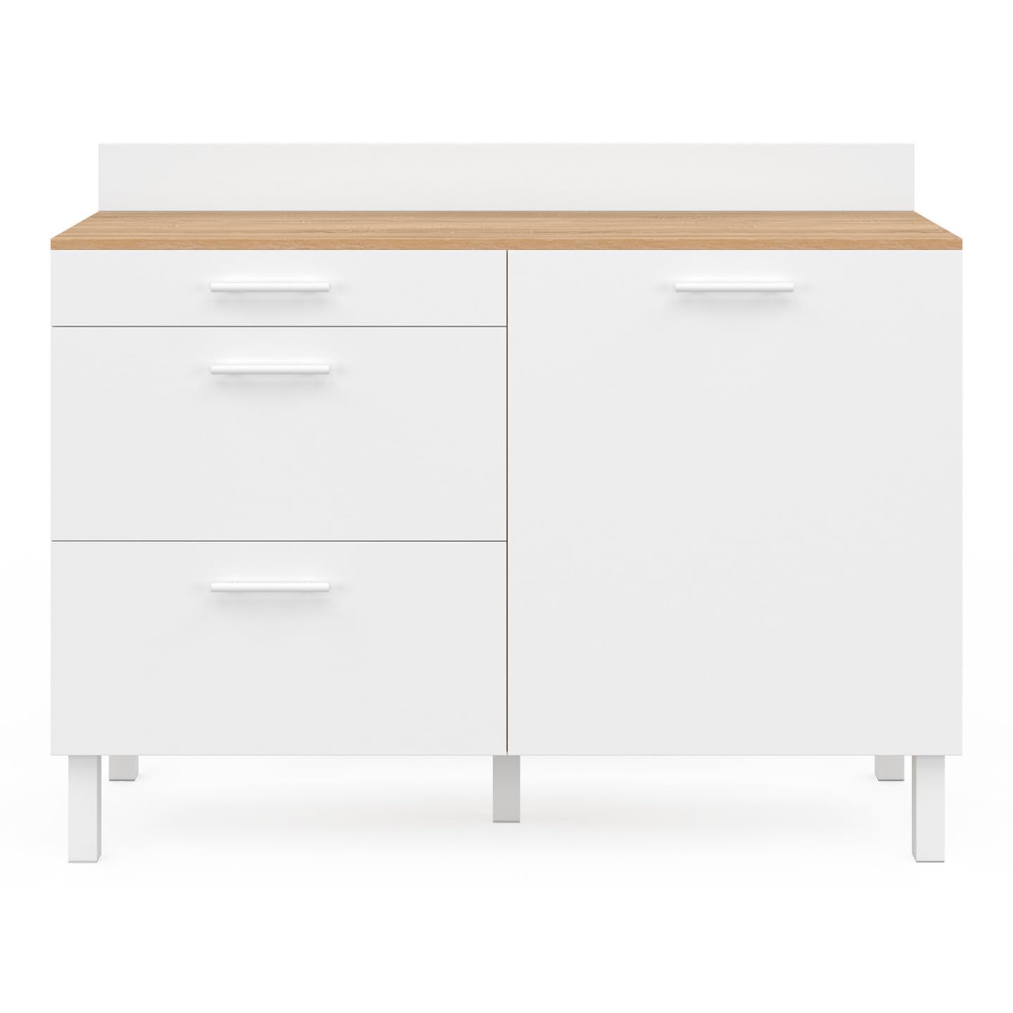 IDMarket - Buffet Bas de Cuisine 120 cm casserolier CINA Plan de Travail H.83 cm 1 Porte + 3 tiroirs façon hêtre et Blanc