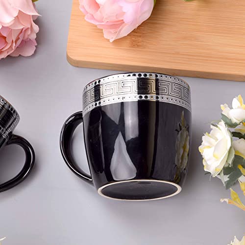 Image of Deco Pride Ceramic Coffee Mug, Elegant Black Cup with Silver Design Set of 6 Pcs (Black 650-714S, 180 ml)