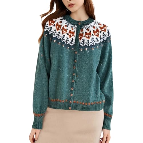 Women's Fair Isle Button Down Cardigan Sweater Long Sleeve Crewneck Ethnic Jacquard Knitting Sweater - Main Image