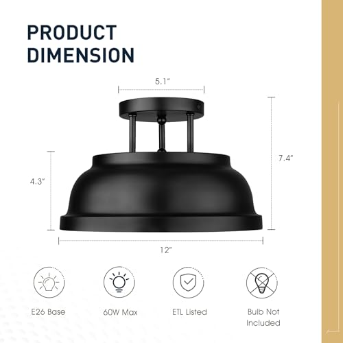 Image of zeyu 12'' Industrial Semi Flush Ceiling Light, 2-Light Flush Mount Ceiling Lamp for Bedroom Dining Room, Metal Dome Shade in Black Finish, ZY29-F BK
