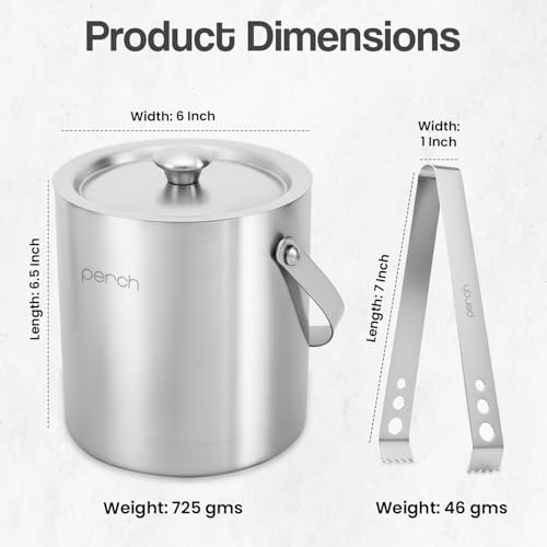 Image of O' Holic by Perch Stainless Steel Double Wall Ice Bucket & Tong - 1500ml | Insulated with Lid & Handle|Bartender Kit |Premium Barware Accessories for Home Bar, Parties, Cocktails & Gifting (1.5 Litre)