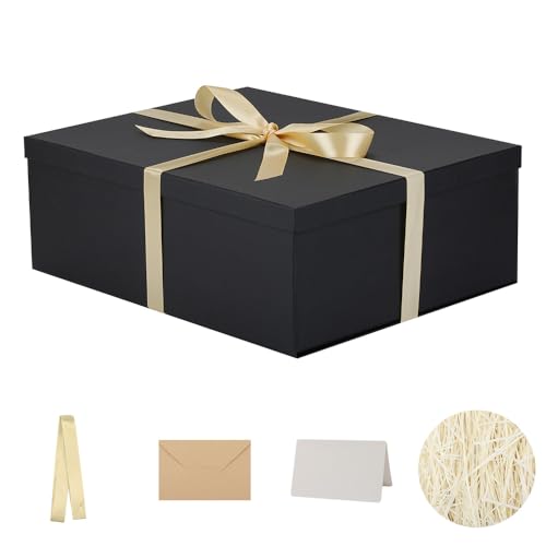 Caixa de presente grande preta com tampa 42 x 32 x 15,5 cm, caixas de presente premium com tampa e fita para presentes do dia dos namorados, o Natal inclui papel de seda triturado cartões sobre