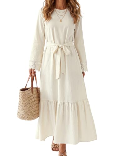 Image of LYANER Women's Tie Waist Crew Neck Casual Maxi Dress