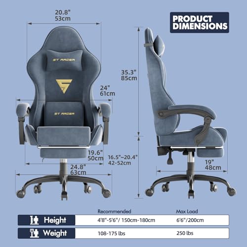 Image of Gaming Chair Racing for Adult, Office Chair with Footrest Massage Lumbar Cushion, Velvet Fabric Reclining Video Game Chairs, Ergonomic Computer Chairs Height Adjustable, for Home Streaming, Grey