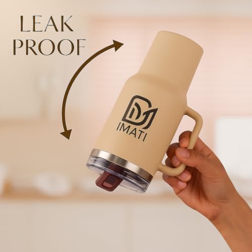 Image of 40oz Tumbler with Side Handle 1.2L | Insulated Stainless Steel Sipper Water Bottle for Adults with 2 Flip Straws Lid 2 Straws & Cleaning Brush Inclued Leakproof Lid for Office & Gym (BONE WHITE)