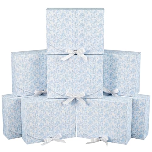 Kolldenn 8 Pack Blue Floral Bridesmaid Proposal Gift Boxes with Ribbon Lids 7.87x10.6x3.2In Toile Flower Empty Paper Box for Wedding Bridal Baby Shower Present Packaging Supplies Birthday Party Favor