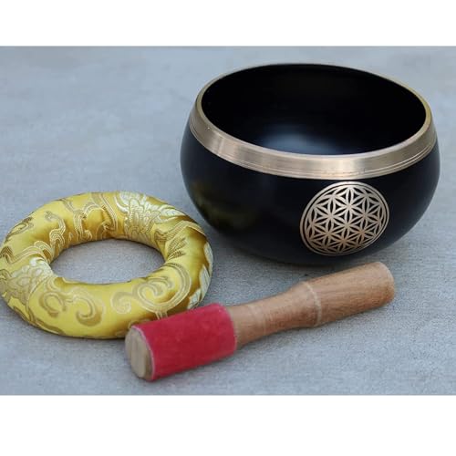 Image of The Healing Store 4 inch Singing Bowl Tibetan Buddhist Prayer Instrument With Striker Stick | OM Bell | OM Bowl | Meditation Bowl | Music Therapy (black flower)