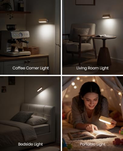 Image of Wood LED Wall Sconce, Magnetic 360 Rotatable Wall Mounted Night Light & Reading Light, Small Rechargeable Battery Powered Bedside Wall Lamp for Bedroom, Living Room, Beech Wood