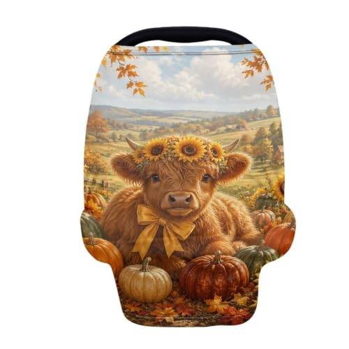 Image of Wanyint Car Seat Covers Baby Car Canopy Shopping Cart Scarf Lightweight Stroller Cover Women Mother Nursing Breastfeeding Covers Fall Decoration, Highland Cow Pumpkin Fall