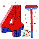 16 Inch Number 4 Spider Pinata with 16 Inch Piñata Stick Blindfold Confetti for Boy Girl Kids 4th Birthday Party Decorations (4th)