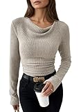 Pink Queen Women Lightweight Sweater Knit Top Long Sleeve Cowl Neck Ruched Tight Shirts Apricot S