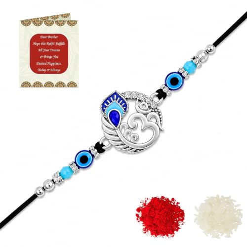 Image of Riddhika Ventures Religious Meenakari Om and Peacock Feather Rakhi With Roli Chawal And Greeting Card
