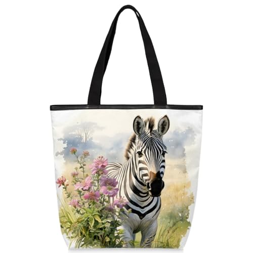 Mularoka Watercolour Zebras Flowers Canvas Tote Bag with Zipper and Pockets Canvas Tote Shopping Bag Women Reusable Grocery Bag for Beach Travel Gym Shopping