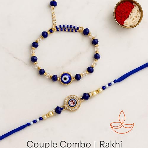 Image of Bhaiya Bhabhi Rakhi Set with Evil Eye Charm, Coaster & Kumkum Chawal | Couple Combo Rakhi Gift with Assorted Color | Raksha Bandhan Special