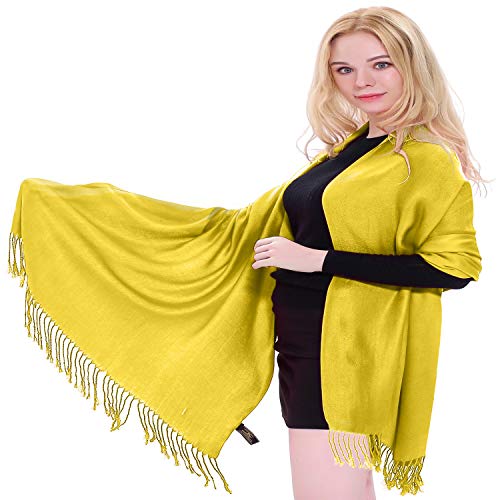 CJ Apparel Yellow Solid Color Tassels Design Nepalese Shawl Seconds Scarf Wrap Stole Throw Head Wrap Pashmina Hand Made in Nepal New2