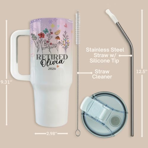 Elegant Retirement Gift for Women 40oz Tumbler, Personalized Minimalist Wildflower Retiree Travel Mug with Handle, Delicate Butterfly Cup Name Year - Pink - Mom Mother Mother in Law Stepmom Wife - Image 8