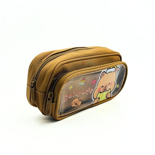 Image of Alokik Enterprise Cute Cartoon Pencil Pouch with Double Zipper & Transparent Window, Large Capacity Fabric Pen Case for School, Office, Students, Kids & Teens (Daily Life Brown Pouch)