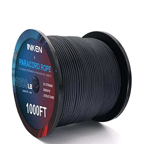 Inken Paracord 1000 Lbs, Paracord Rope With 12 Inner Triple Strands,It Can Withstand 1000Lb Of Tensile Force，Great For Bracelets ，Lanyards，Hunting Rope，D: 4Mm, L: 500Ft, Color: Black #TOP6