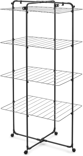 Brabantia Étendoir à Linge Tour HangOn de, 30 mètres (Noir Mat) – Séchoir à Linge Ajustable à Large capacité, Pliable et Compact – Étendoir en Tour avec Roues et Crochets pour ceintres