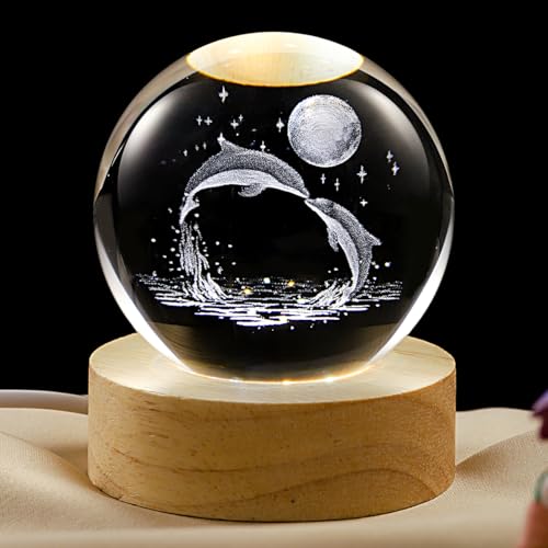 Image of 3D Dolphin Crystal Ball Lamp with Dimmable LED and Wooden Base, Night Light for Kids Teens Adults, Home Desk Office Bedroom Decor, Birthday Gift (2.4 inch / 6cm)