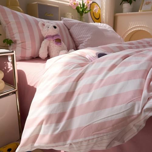 Image of LifeTB Peach Pink Striped Comforter Set King, 3 Piece Vintage Stripes Pattern Printed Bedding Set, Breathable Soft Farmhouse Striped Bedding Comforter King, Cozy Lightweight Pink Comforter Set