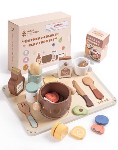 ROBUD 31-Piece Wooden Play Food Set for Kids - Coconut Oats Montessori Kitchen Toys, Educational Pretend Play Dishes with Accessories for Toddlers