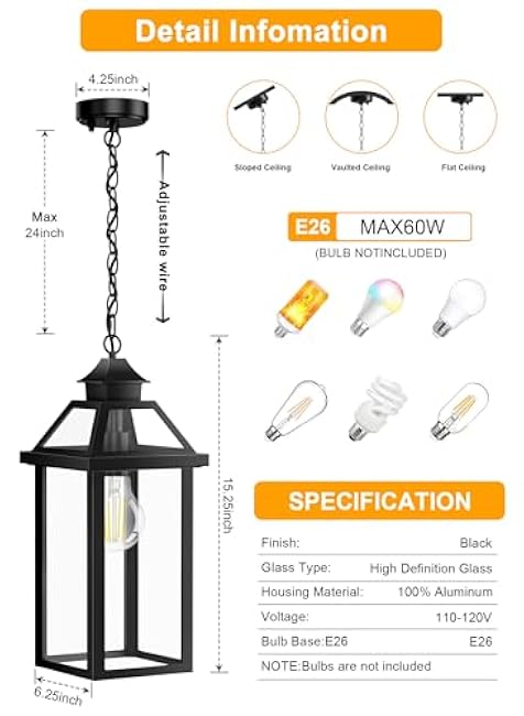 15 Outdoor Pendant Light, Dusk to Dawn Large Outside Chandelier Lantern, Modern Black Aluminum Exterior Hanging Light Fixture Ceiling Mount for Front Porch Indoor Entryway (Bulb Not Included)