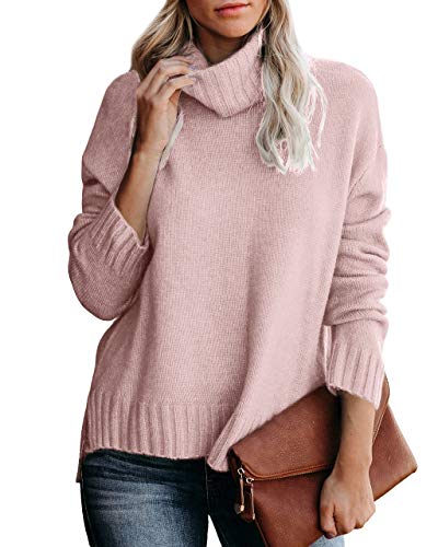 Ybenlow Womens Chunky Turtleneck Sweaters Batwing Long Sleeve Oversized Pullover Knit Jumper Slouchy Tops Pink