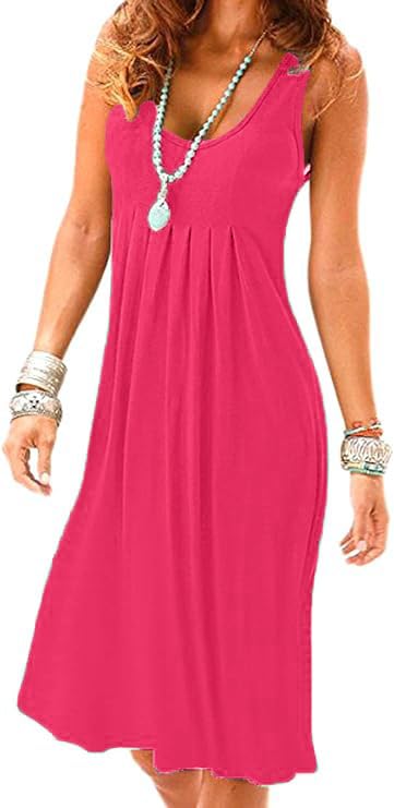 Image of Camisunny Women Casual Loose Tank Dresses Sleeveless Beach Vacation Dress Swing Pleated U Neck Fashion Soft