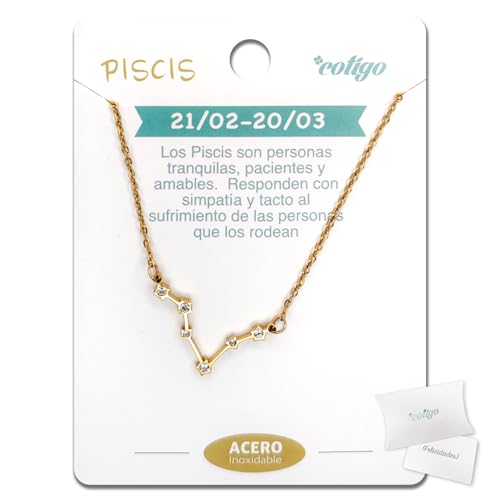 Cotigo Collar Signo Zodiaco Acero Inoxidable, 12 Constelaciones Con Colgante Horóscopo de Circonita - Joyería Astrología Para Mujer (Piscis - Dorado) Cotigo Collar Signo Zodiaco Acero Inoxidable, 12 Constelaciones Con Colgante Horóscopo de Circonita - Joyería Astrología Para Mujer (Piscis - Dorado)