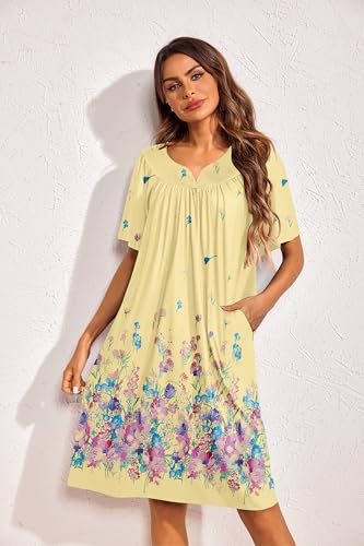 Image of Ekouaer 2 Pack House Dresses for Women with Pockets Short Sleeve Moo Moos Floral Print Mumu Dresses